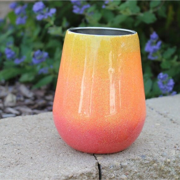 12 Oz Stainless Steel Custom Designed Stemless Wine Tumbler-Sunset Ombre Glitter - Picture 4 of 6